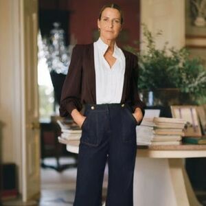 NWT Tuckernuck X India Hicks Chocolate & Ivory Grove Pleated Blouse Women XXXL